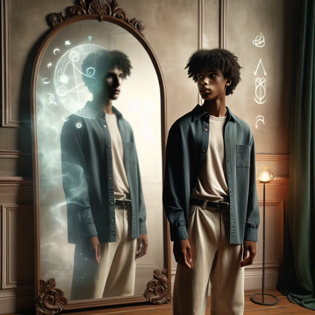 Please generate an image of a teenager standing in front of a mirror, their reflection showing a male face obscured by a mystical haze, encapsulating the theme of identity and soul exchange depicted in the biography "Soul Exchange: The Unseen Struggles of Yasuna Kamiizumi."