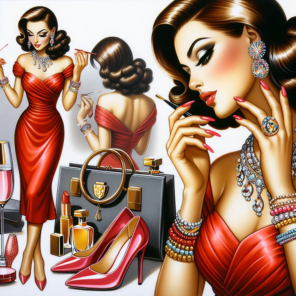 A depiction of a woman named Patricia, dressed in a vibrant red mini-dress and high-heeled stiletto sandals. She is preparing to go out for her birthday with her husband, accessorized with various pieces of jewelry and perfectly manicured nails. Patricia exudes confidence and femininity as she touches up her makeup and gathers her belongings, ready to celebrate.