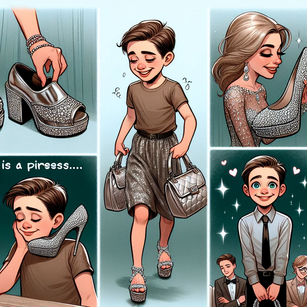 A young boy named Timothy finds a pair of sparkling silver platform sandals and an elegant purse on the ground. As he tries on the shoes and holds the purse, he is unexpectedly transformed into an older woman named Margret Smith. Margret embraces her new identity, donning a silver dress, adorning herself with valuable jewelry, and confidently going out to meet a younger man named Daniel. The story follows Margret as she navigates her new life, showing off her elegant style and engaging in conver