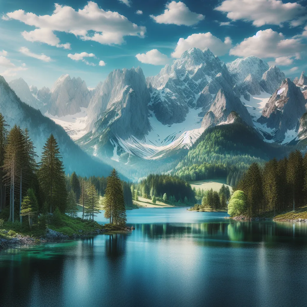 A peaceful mountain landscape with tall snow-capped peaks, a tranquil blue lake reflecting the surrounding trees, and a clear sky with fluffy white clouds.