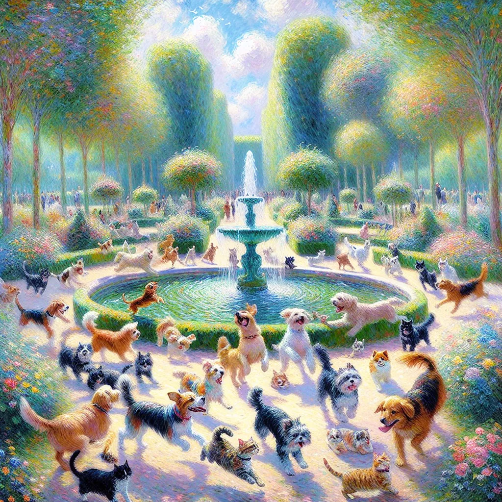Pets, Fountain, Prank, Hypnotic, Fun in the style of Monet