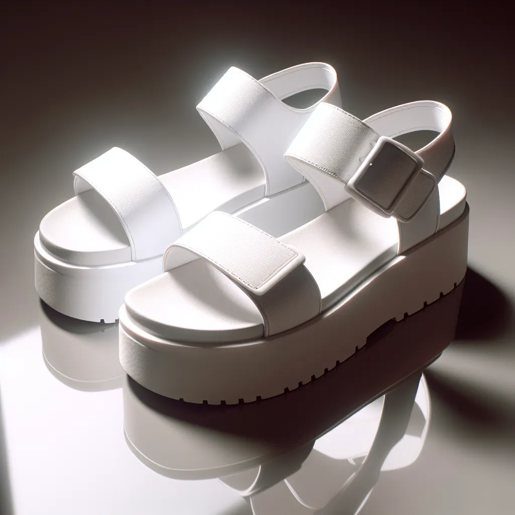 A digital image of a pair of white platform sandals with wide, soft straps, placed on a reflective surface. The sandals are lit from above, casting a soft shadow.