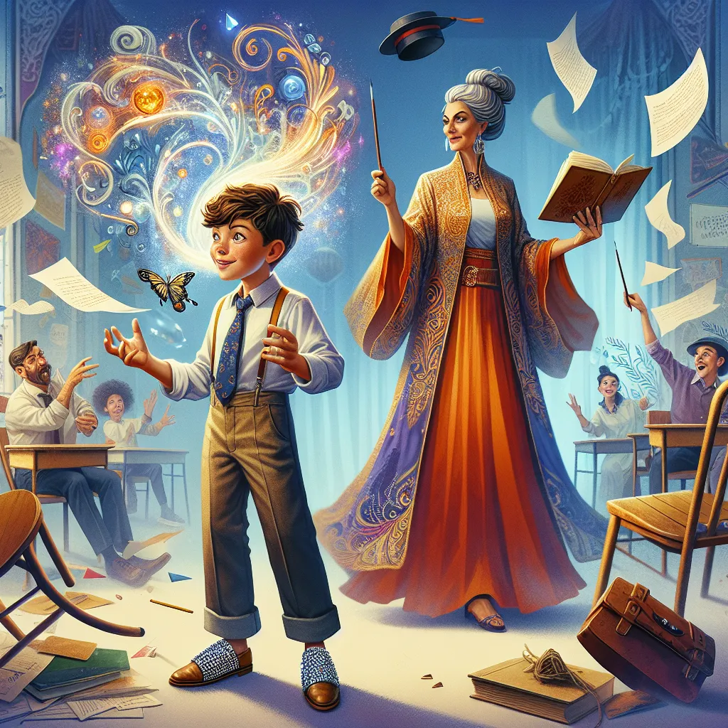 A young boy, Oliver, unwittingly transforms into the stylish and confident Spanish teacher, Señora Torres, as he fidgets with a mysterious pair of rhinestone sandals in a classroom detention. The detailed narrative unfolds, revealing Oliver's journey into Carmen's world through school chaos, self-discovery, and teacherly grace, with a touch of magic and infinite style.