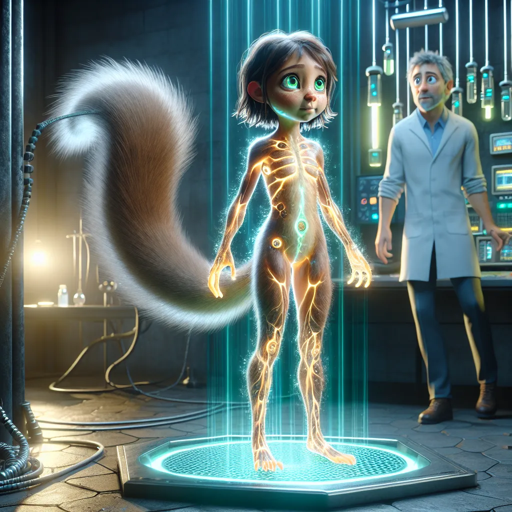 The image is of Lily, a seventeen-year-old girl with green eyes and messy brown hair, standing on a hexagonal platform in a dimly lit laboratory. A sleek silver device connected to glowing tubes and circuits is behind her, emitting a radiant beam of cyan light. Lily's skin shimmers and pulses as her hands, arms, legs, and torso transform, taking on characteristics of a squirrel. Her fingers elongate into sharp claws, russet fur sprouts from her skin, and her arms become leaner and more dexterous