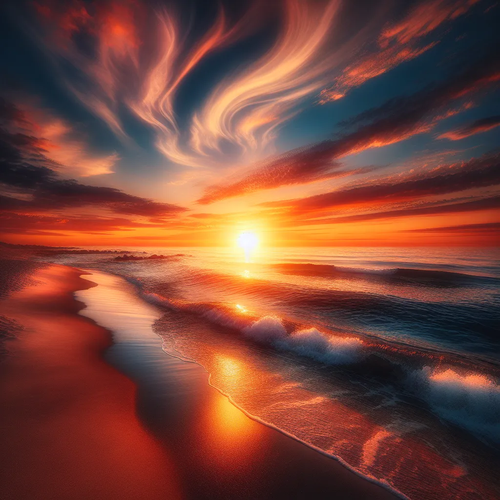 A serene beachscape at sunset, with gentle waves rolling onto the shore as the sun dips below the horizon.