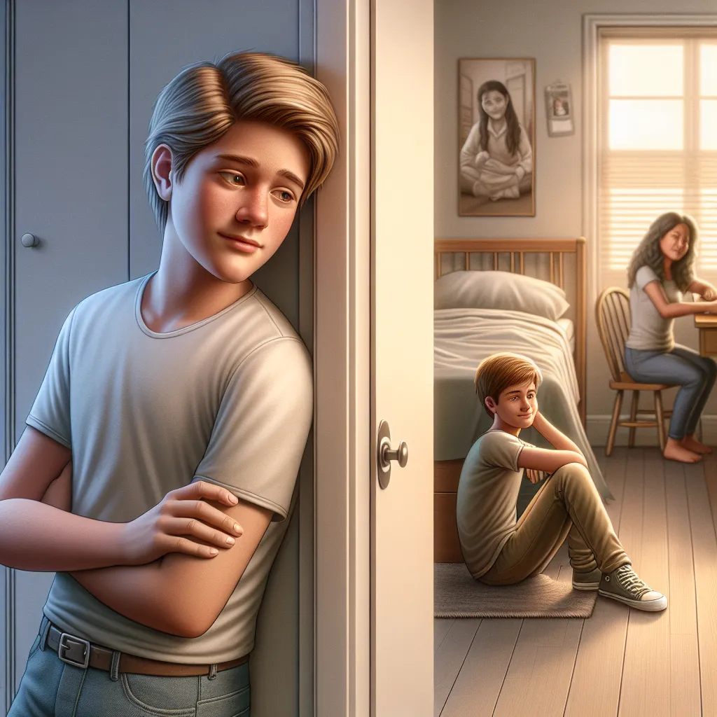 An image of a 16-year-old boy, Angel, leaning against a bedroom doorframe with exhaustion evident on his face. The 10-year-old version of him is shown napping on a couch in the background. Gwen, a girl, is sitting at a desk nearby, providing a calming presence for Angel. The atmosphere is tranquil, with a warm light illuminating the room.