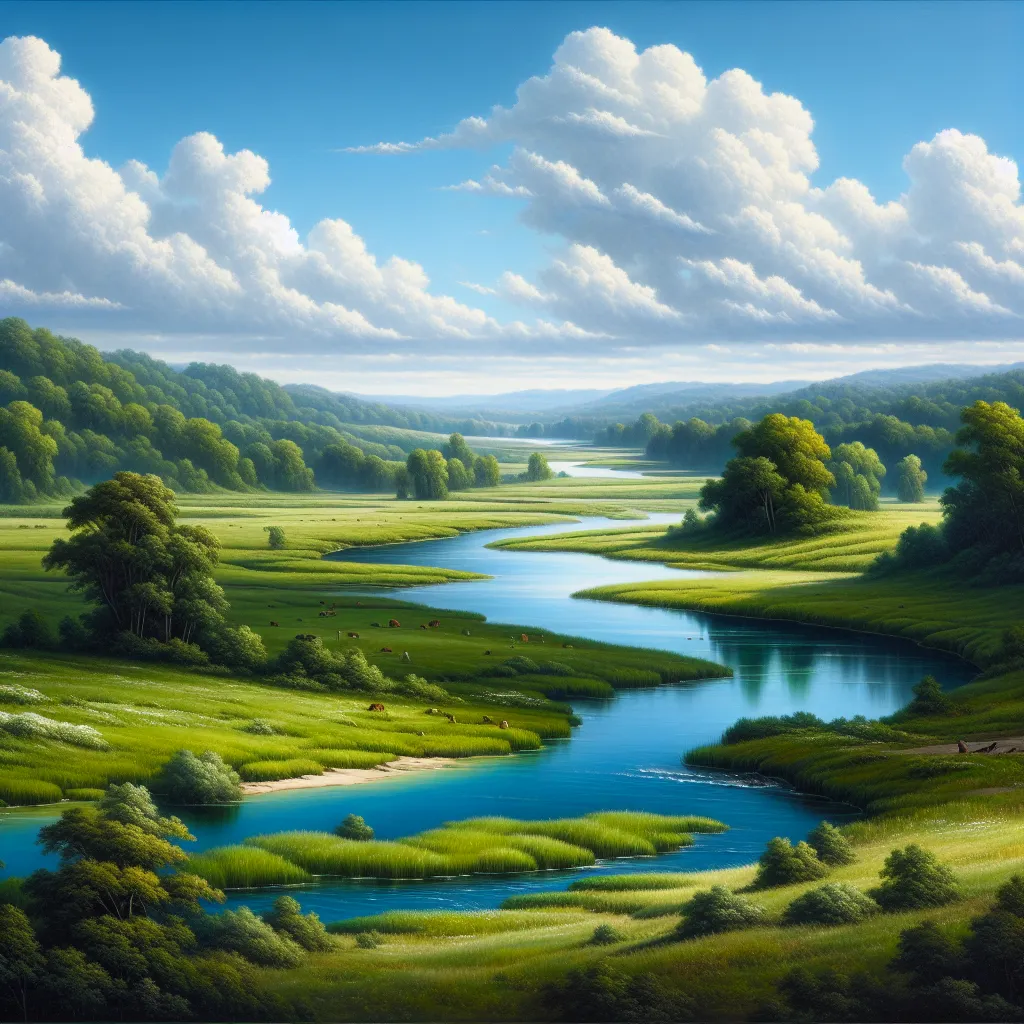 A serene landscape painting featuring a tranquil river winding through lush green fields under a clear blue sky.