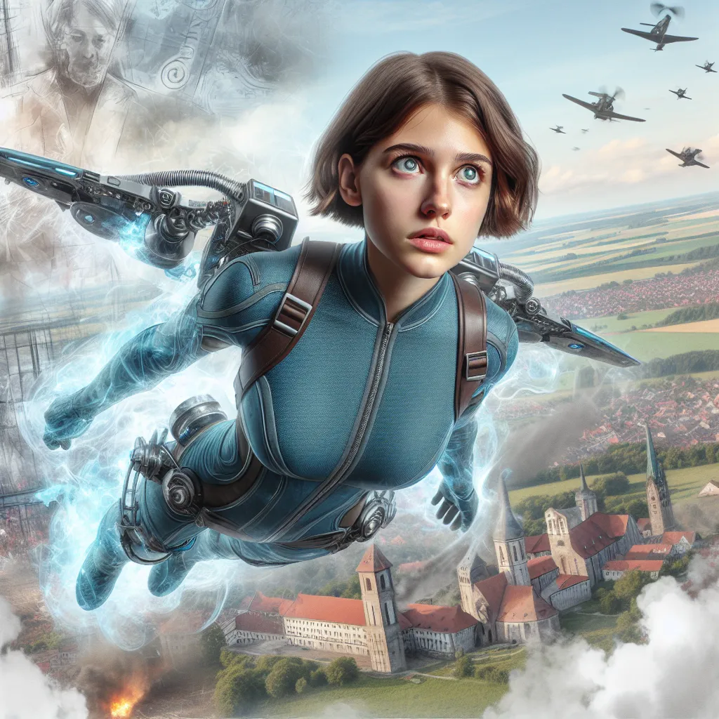 A young woman with short brown hair and animal ears soars above the clouds, clad in a blue one-piece swimsuit and metal Striker Units attached to her legs. Her wide, determined eyes reflect a mix of fear and resolve as she gazes toward a distant European landscape dotted with smoke and battle. Around her, faint ghostly images of martial arts poses and a dissolving red shirt hint at her lost past. The sky is bright but charged with tension, capturing the moment of transformation and acceptance in