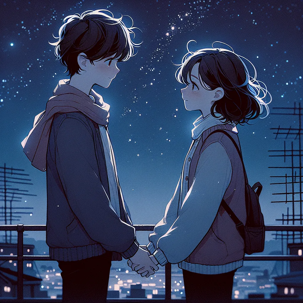 A heartwarming image: Manuela and Sergio, childhood friends turned lovers, stand hand in hand on a rooftop under a starry night sky. Their faces reflect love and hope as they embark on a new chapter in their lives, their strong bond and unwavering support evident in their embrace.