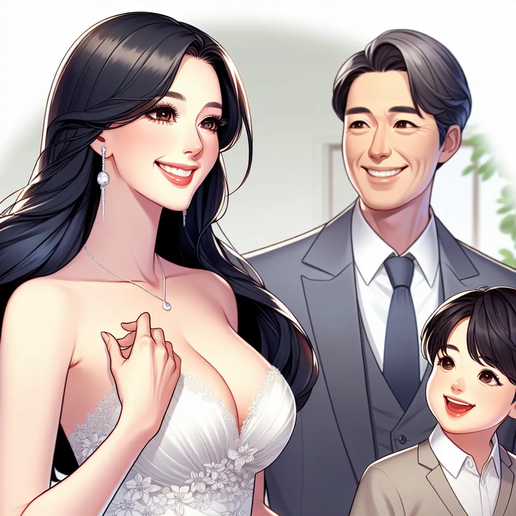 Description: An image that depicts a middle-aged woman with sleek black hair, wearing a wedding dress and high heels, standing confidently in her home. She exudes elegance and happiness as she interacts with her loving husband and young son.