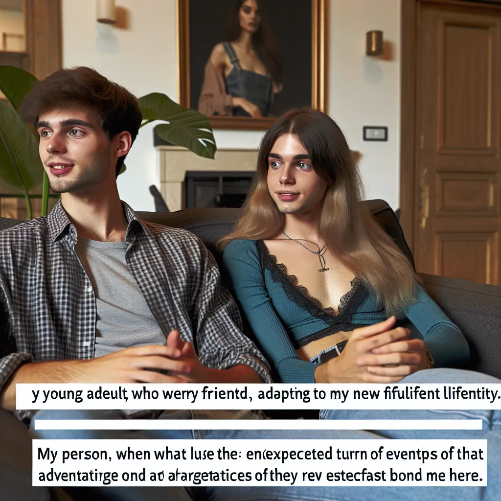 A young adult couple, formerly two best friends, lounging in a luxurious living room. The girl, formerly the guy, struggles to adapt to her new body and identity, discussing the challenges and the perks of their newfound wealth. They reflect on the twist of fate that brought them to this point while emphasizing their unwavering friendship.