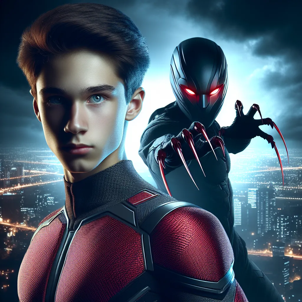 A young superhero named Jake, also known as Red Tiger, stands in a battle-ready pose, wearing a sleek suit with retractable claws. His intense eyes reveal the presence of a red tiger spirit within him. Jake's nemesis, General Kuro, lurks in the background, while the cityscape sets the stage for their epic clash between darkness and light.