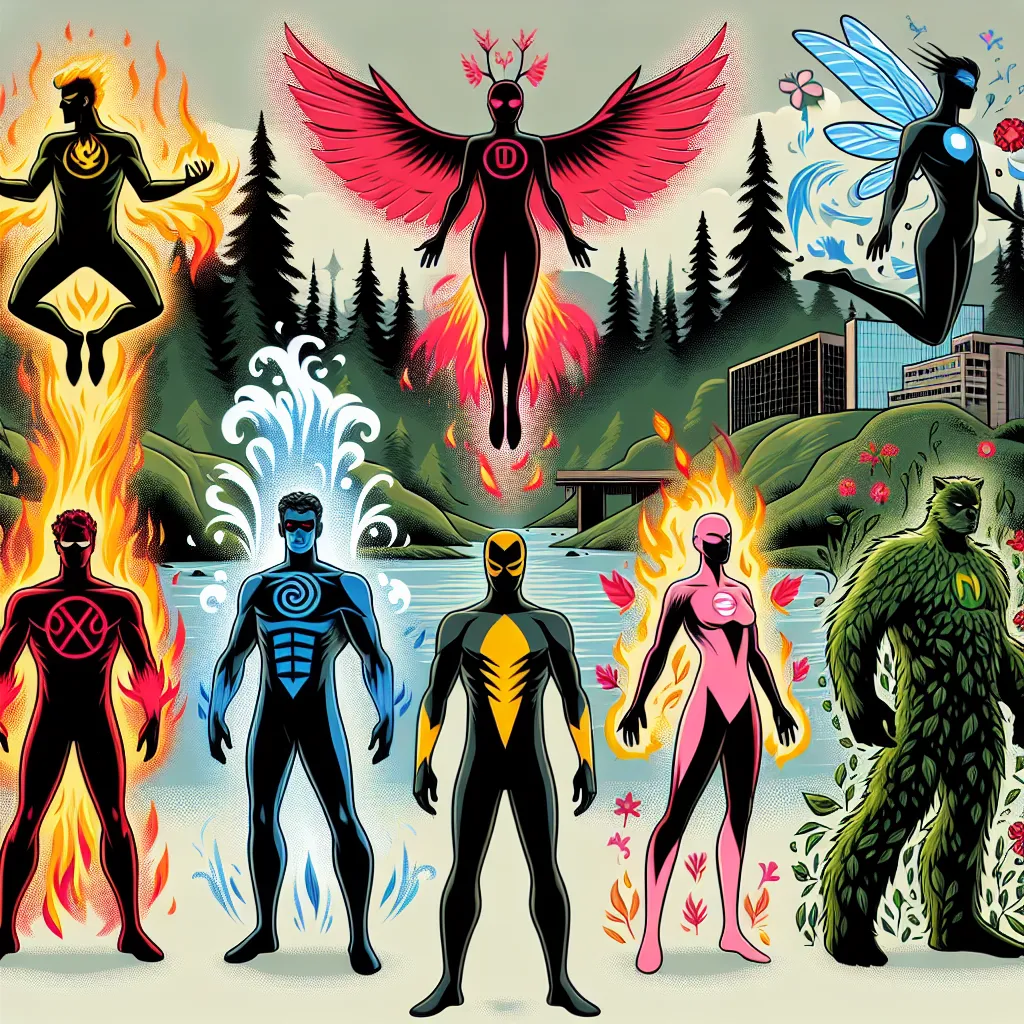 In the image, we see the six Power Rangers Resurgence standing in a heroic pose against a backdrop of Evergreen City. Each Ranger is depicted with their respective crystal and the symbol of their power prominently displayed on their suit. The Red Ranger, Phoenix, is wreathed in flames and has fiery wings. The Blue Ranger, Dolphin, is surrounded by water and displays a sense of grace and fluidity. The Pink Ranger, Butterfly, is surrounded by fluttering butterfly wings and blossoming flowers. The 