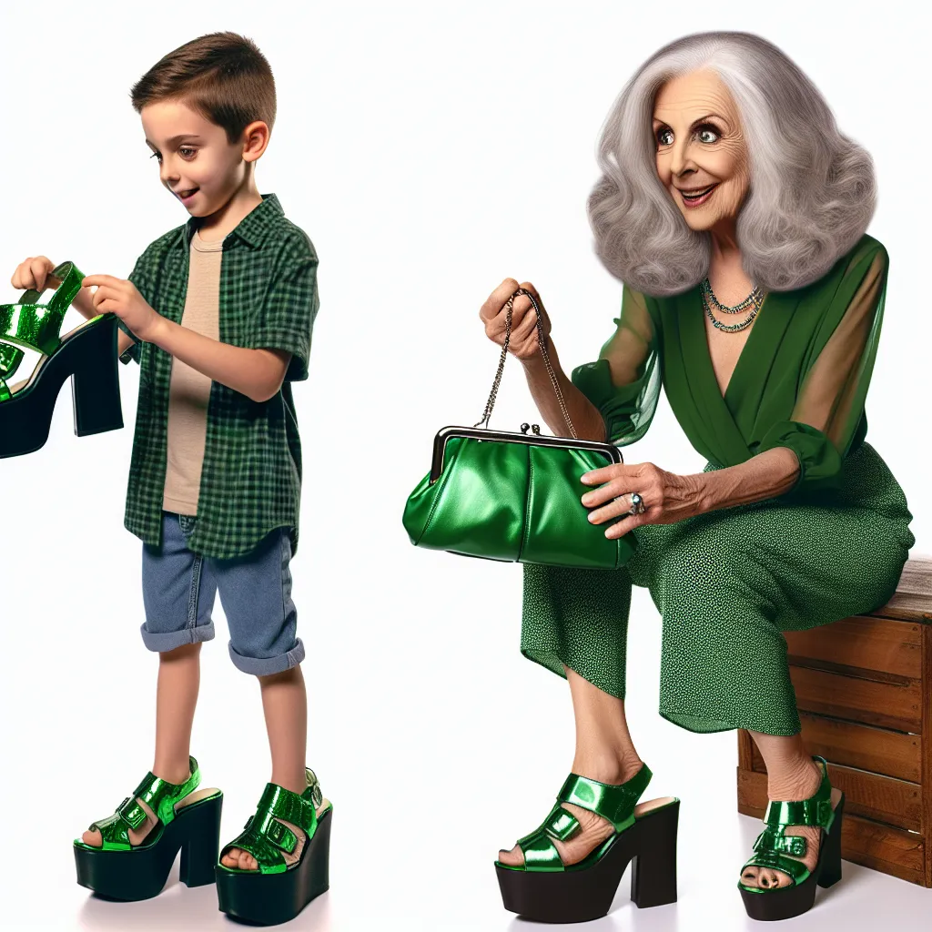 Noah Thompson, a young boy, finds a pair of metallic green platform sandals and a matching purse. As he tries on the shoes and carries the purse, he inadvertently transforms into an older woman named Hilga. Hilga struggles with her new identity, but ultimately embraces her new life, showcasing her wealth and confidence.