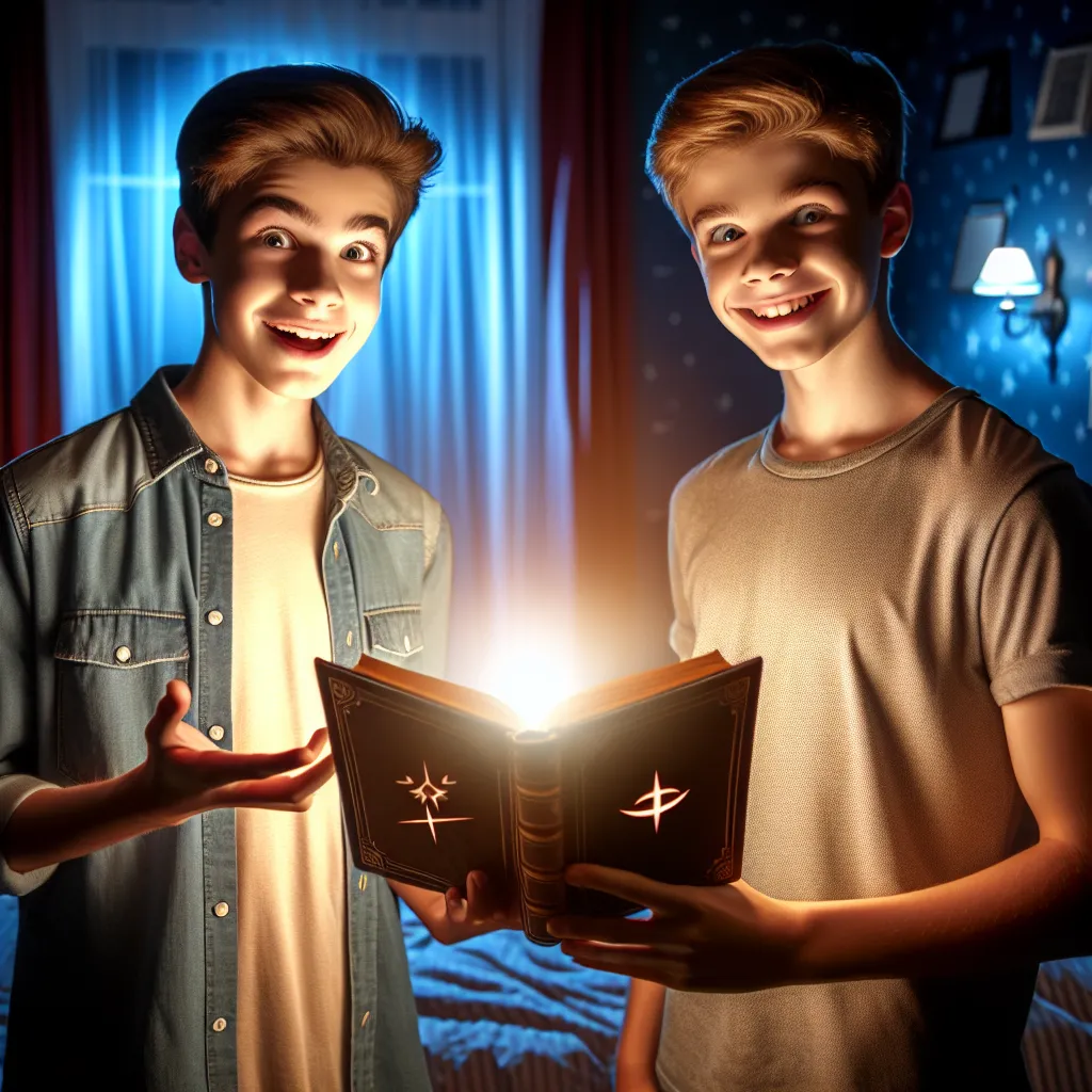 The image will depict two teenage boys, Mark and Jon, standing in a bedroom illuminated by a magical glow. They are holding a mysterious book and have mischievous looks on their faces. One boy is on the left side, representing Mark, with a mischievous smile and holding the book up. The other boy is on the right side, representing Jon, with a mix of excitement and fear on his face.