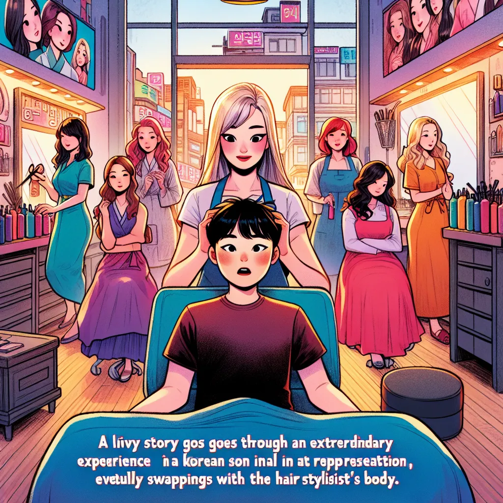 An intricate tale unfolds as a young boy named Tim undergoes a transformative experience in a busy Korean salon, resulting in a switch with Sun-ja, a stylist. The image captures Tim's astonishment as he gazes at his newfound appearance, now inhabiting Sun-ja's body. Vibrant details of the salon and its five Korean women, along with their unique outfits and accessories, create a rich setting for this tale of unexpected change and acceptance.