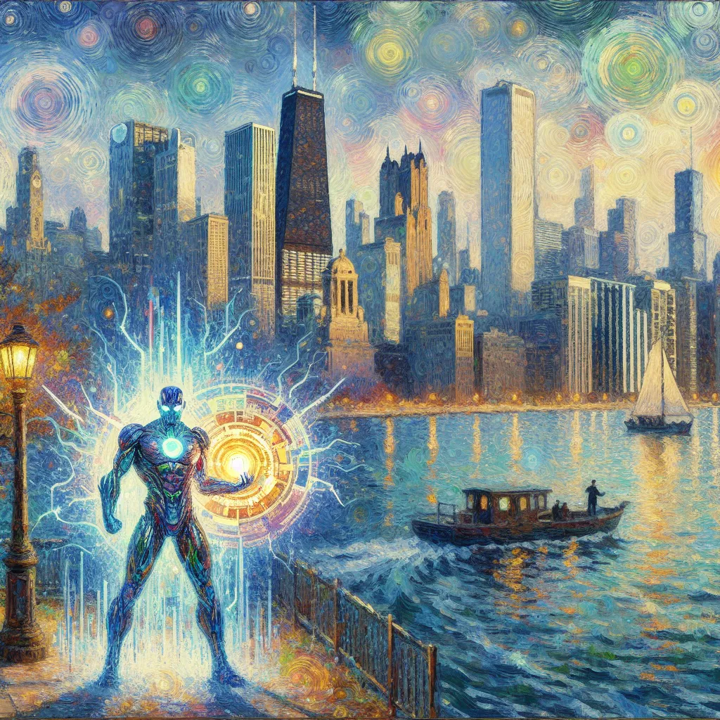 Chicago, Omnitrix, Hero, Marvel Universe, Transformation in the style of Monet