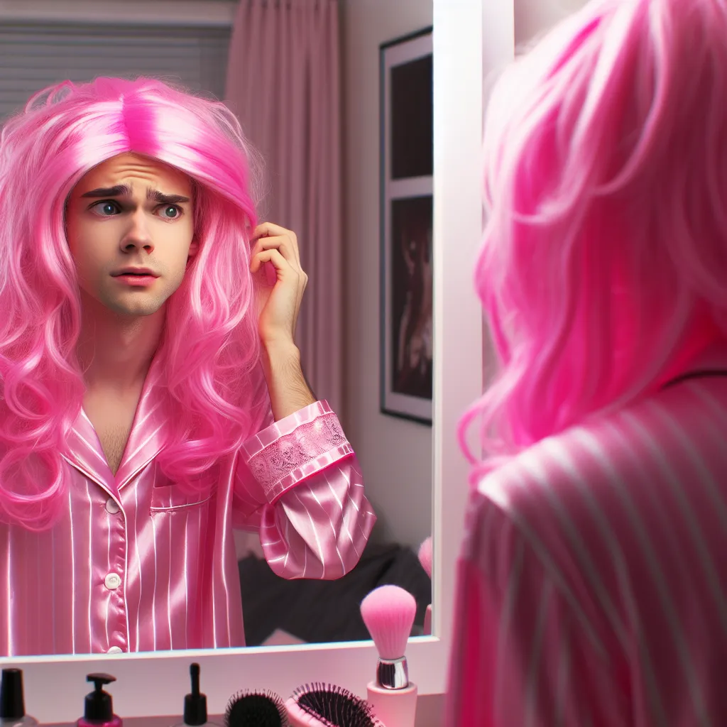 The generated image showcases a teenage boy, Fuyuki, standing in front of a bathroom mirror, looking at his reflection in disbelief. He is wearing pink frilly pajamas and has long hot pink hair. The image highlights the confusion and unease Fuyuki feels as he realizes he has swapped bodies with his sister, Natsumi. The background includes subtle hints of a typical teenage girl's room, with posters on the walls and a vanity table with makeup and hair accessories.