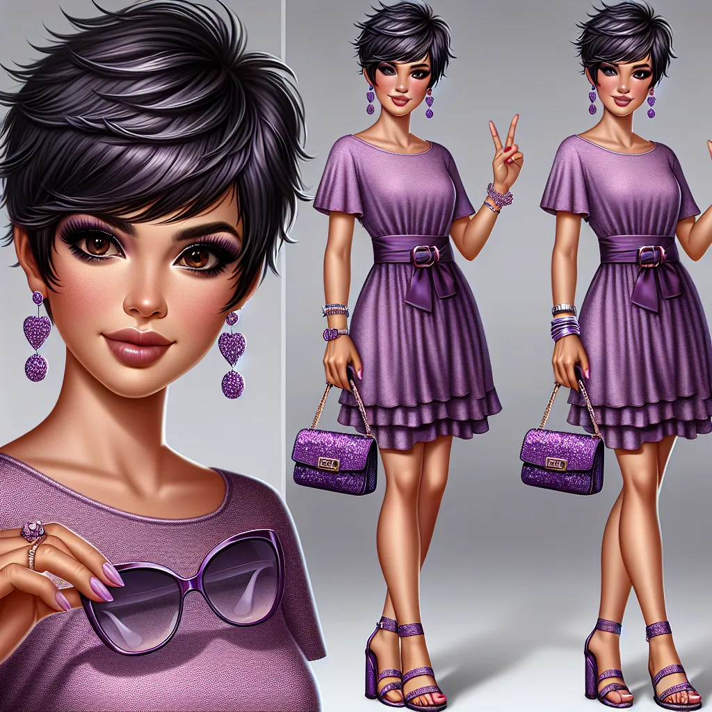 The image should depict a confident, fashion-forward woman in her 50s named Erica Martinez. She has short dark hair in a pixie cut, brown eyes, and is Hispanic. She is wearing a skimpy purple dress that matches her strappy sandals and small, glittery purple purse. She is also wearing jewelry, including earrings, a necklace, a bracelet, an anklet, a ring, a belly button piercing, and a toe ring. She has long and perfectly painted nails on her fingers and toes, and she is wearing an oversized pair