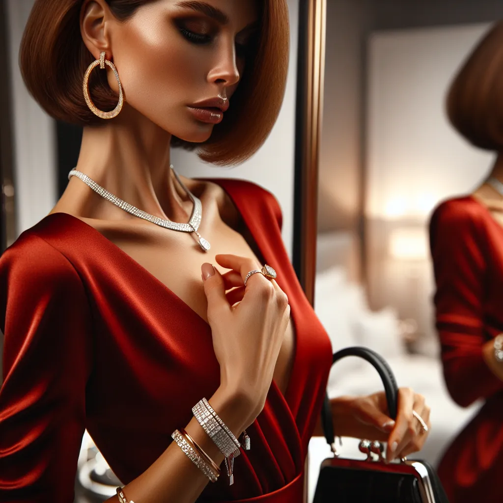 A close-up of Linda, a confident and resilient woman, standing in front of a mirror. She is wearing an elegant, skimpy red silk dress with thin straps that clings to her curves. Her long, sleek auburn hair falls into a bob cut, and she has a flawless makeup look. Linda is accessorized with sparkling jewelry, including a diamond necklace, gold hoop earrings, a slender gold bracelet, a chunky ring on her index finger, a delicate anklet, a silver charm bracelet, and her wedding ring. She is holding