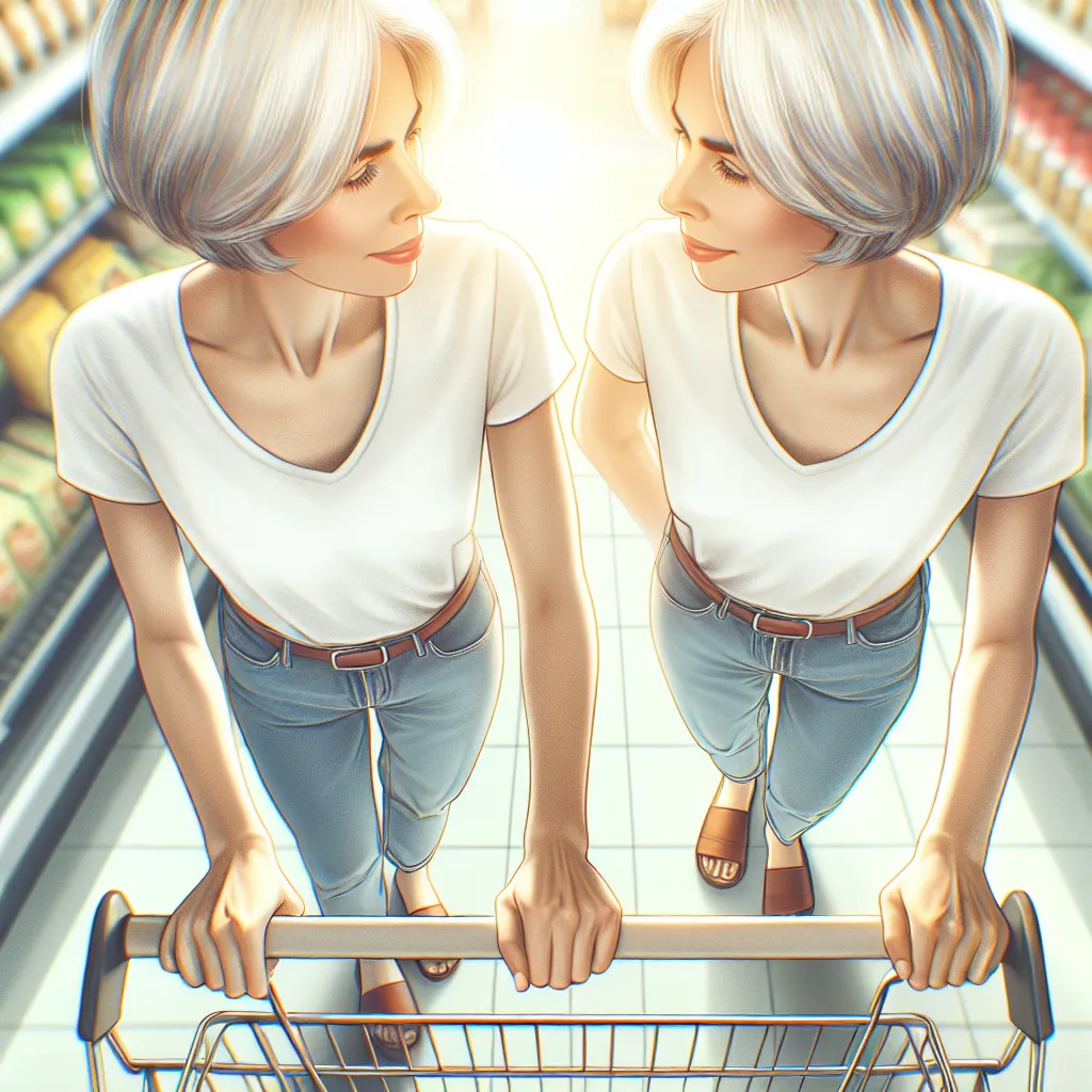 Image Description: An image of a middle-aged woman with short silver hair, wearing a plain white t-shirt and straight-leg jeans. She is wearing brown leather flip-flops and is pushing a shopping cart filled with groceries. The image is bright and sunny, depicting a typical grocery store setting.