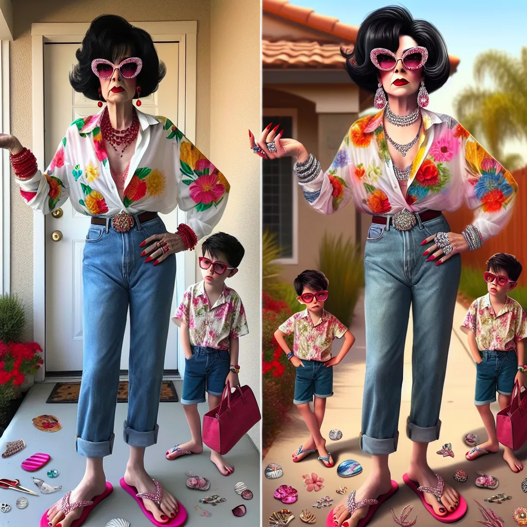 A concise description for the image that will accompany this story:
"The image depicts a young boy named James and his friend Sophia's mom, Maria. Maria, a woman in her 50s, is wearing a white tank top with vibrant floral prints, denim shorts, and pink flip flops adorned with rhinestones. She also wears sunglasses, has red toenail polish, and is adorned with six pieces of jewelry. Maria is shown putting her hair up in a bun while getting dressed and preparing to go out. The image captures the tr