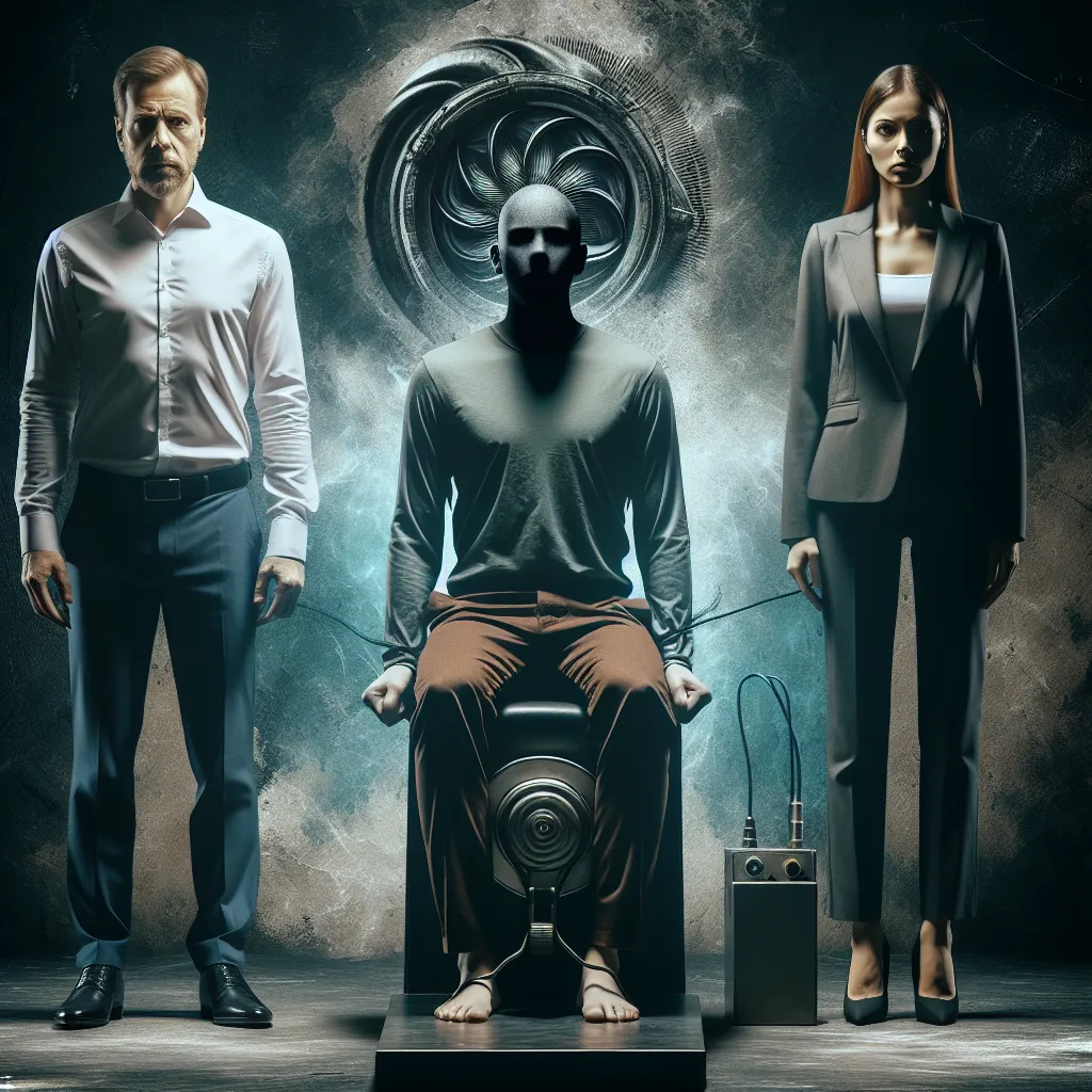 An image depicting a person trapped between two bodies, one male and one female, with a look of anguish on their face. The background should be dark and mysterious, with a prominent depiction of the Soul Exchanger device.