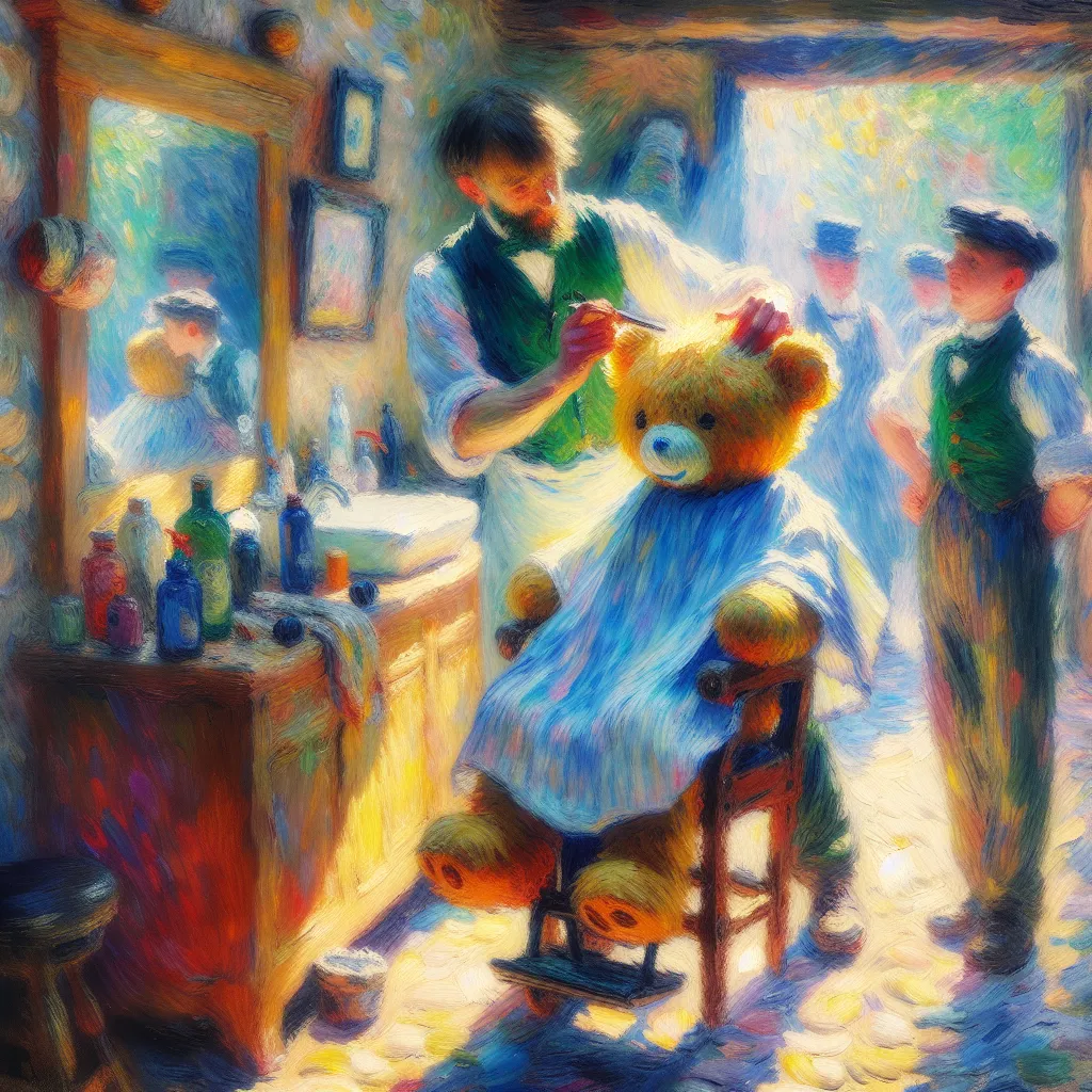 Teddy, Body-switch, Transformation, Childhood, Barbershop in the style of Monet