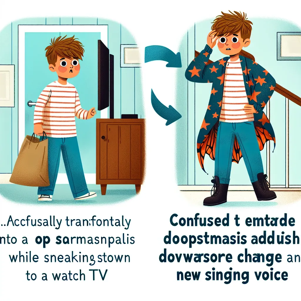 A young boy named Jack accidentally transforms into the pop star Chappell Roan while sneaking downstairs to watch TV, experiencing a detailed physical metamorphosis matched by an elaborate wardrobe change and a new singing voice. Confused yet embracing her newfound identity, Chappell Roan navigates her unfamiliar surroundings with humor and confidence, owning her pop star persona in a cozy home setting.