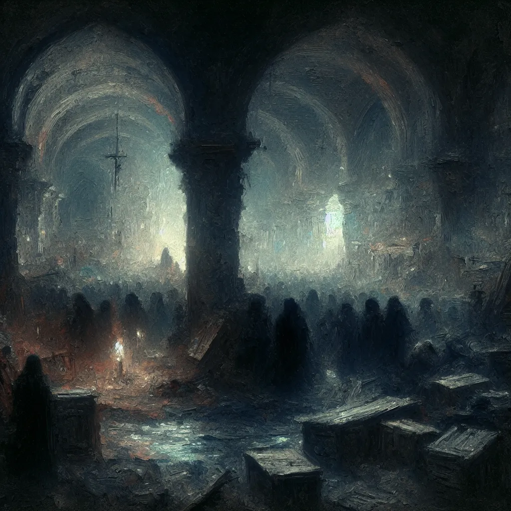 Dark, Dungeon, Torture, Fear, Survival in the style of Monet