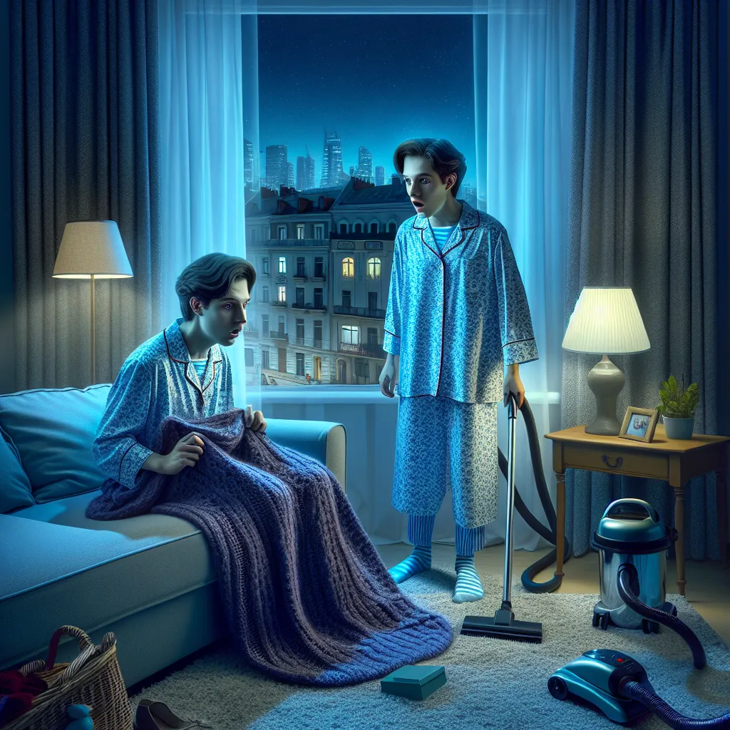 The image will be a depiction of a living room at night, softly bathed in blue light from the city outside. In the scene, a young boy named Elliot James Montrose is depicted waking up in confusion, finding himself transformed into his mother, Meredith Anne Montrose. The image captures the moment of realization and panic on Elliot's face as he grapples with his new appearance and identity. The setting includes details like a couch, knitted throw, and a vacuum cleaner in the background, adding to 