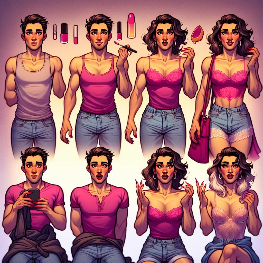 This image will capture the detailed transformation of Joshua into Yolanda, depicting each stage of his physical change from a boy to a woman, complete with features like nails painted red, specific outfits like a magenta tank top and light blue denim shorts, and the final resemblance to Yolanda, a proud Latina mother. It will showcase the evolving characteristics and emotions as Joshua/Yolanda navigates their new identity, such as surprise, confusion, acceptance, and the eventual sense of self 