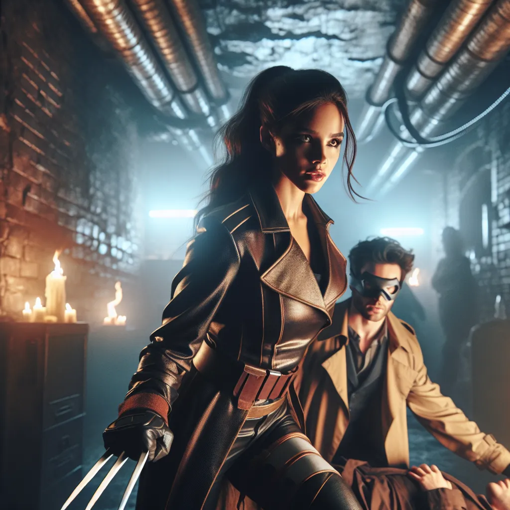 A determined X-23, poised and resolute, watches over her wounded friend Gambit in a shadowy underground hideout, embodying unwavering loyalty and strength in the face of danger.