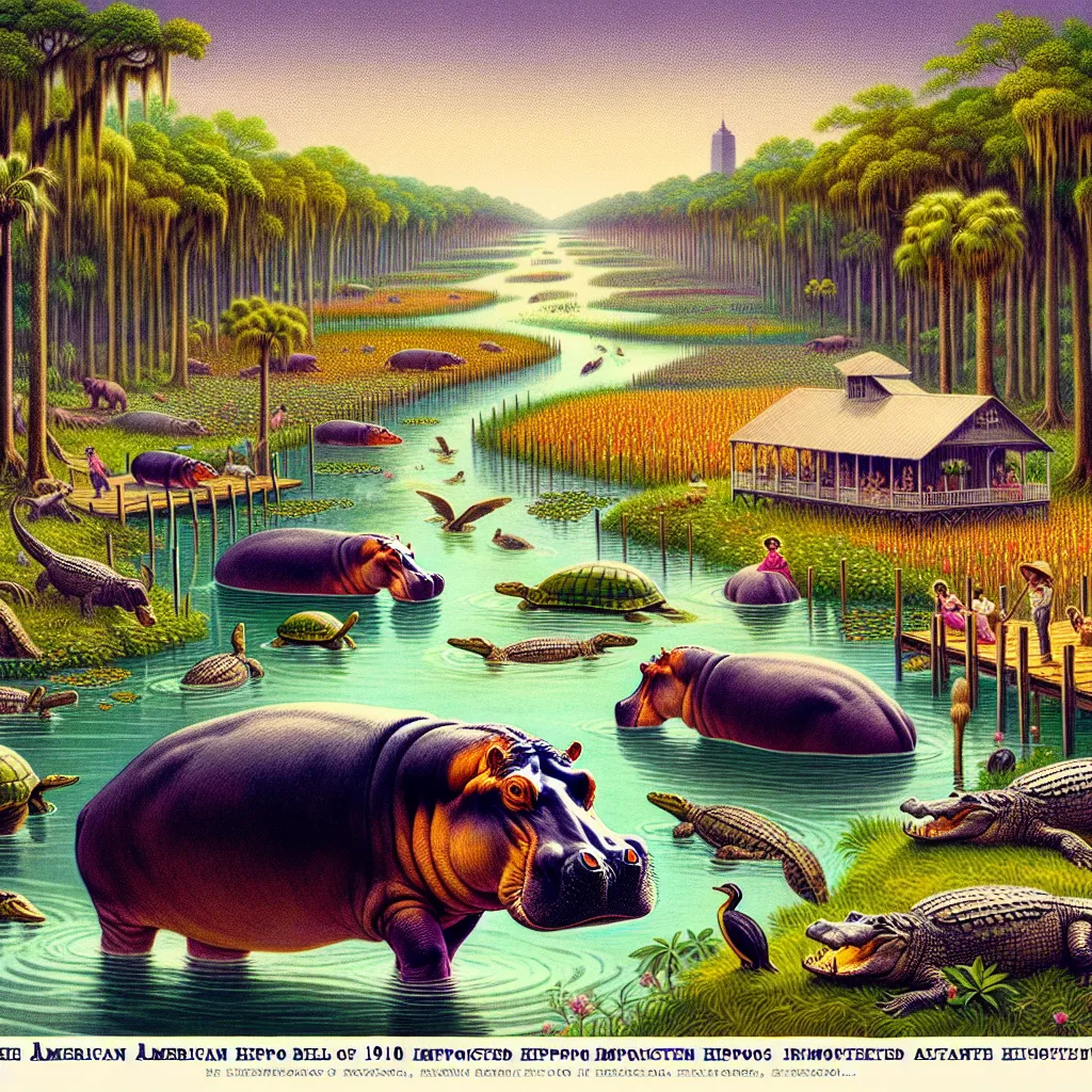 A vibrant image depicting the bayous of Louisiana transformed by the presence of imported hippopotamuses. The hippos peacefully coexist with native alligators and turtles, while lush vegetation and thriving agriculture create a rich landscape. The image showcases the adventurous spirit of an alternate history where the American Hippo Bill of 1910 successfully solved environmental and meat shortage crises, resulting in a cultural renaissance and culinary innovations.