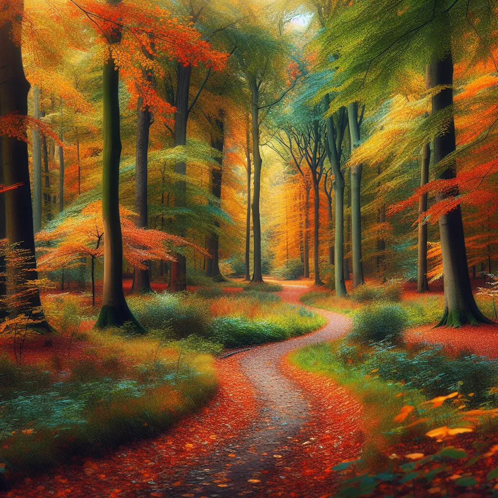 A serene forest setting with vibrant autumn colors, featuring a meandering path leading into the distance, surrounded by tall, colorful trees and fallen leaves carpeting the ground.