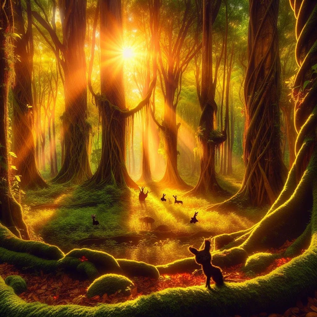 Title: "The Enchanted Forest"

Description: A magical, luminous forest emerges under a golden sun, with towering ancient trees entangled in ethereal vines. The forest floor is carpeted with vibrant moss, while mystical creatures frolic and play in the dappled light. A sense of enchantment and wonder fills the air, immersing viewers in a realm of captivating beauty and mystery.