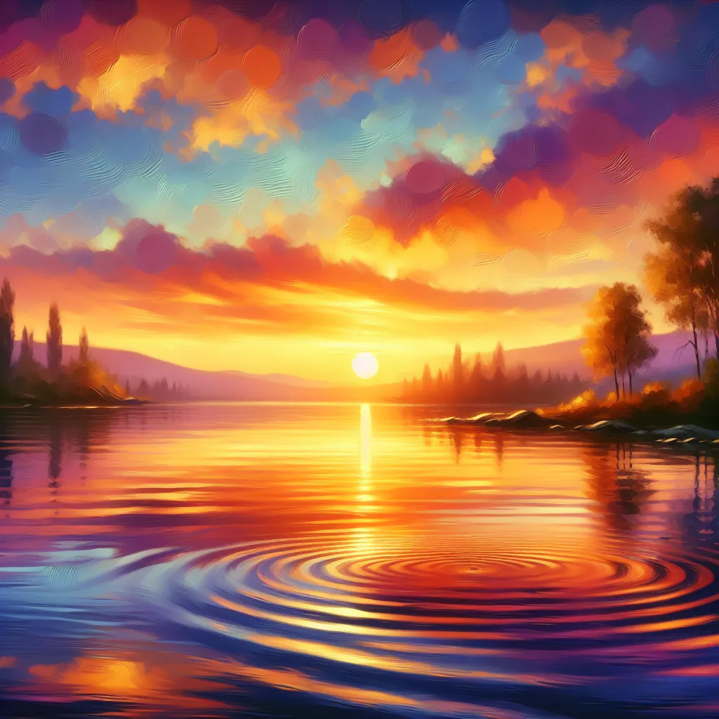 A serene landscape painting showcasing a vibrant sunset over a tranquil lake, with gentle ripples reflecting the warm hues of the sky.