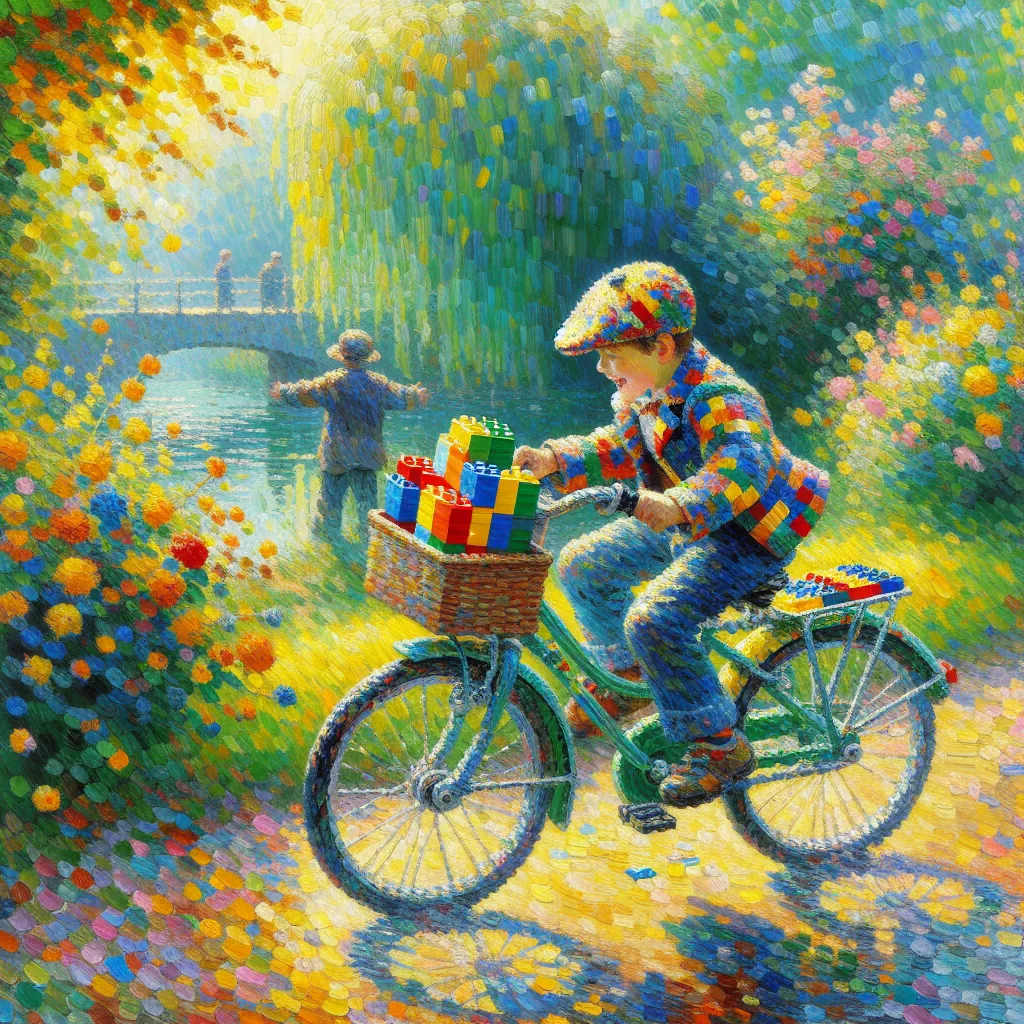 Boy, Lego, Bike, July, Young in the style of Monet