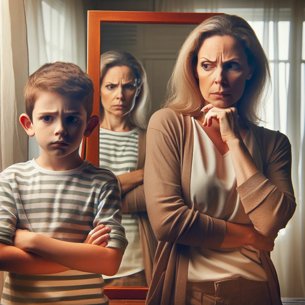An image of a young boy named Tommy and a middle-aged woman named Mrs. Stevenson standing in front of a mirror, both looking confused and concerned.