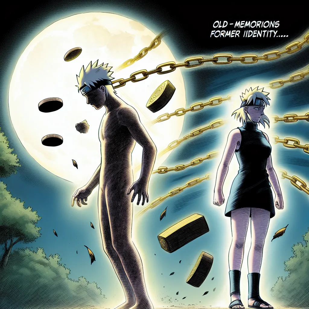 A lone figure stands at the edge of a forest, caught in the midst of a powerful transformation. Illuminated by the eerie glow of the moon, their body contorts and shifts, changing from male to female. Desperate to hold onto their former self, their memories fade away, replaced by a confident and determined new identity: Naruko, a kunoichi with a tomboyish edge. Chains of golden chakra erupt from their form, symbolizing the power of their lineage.