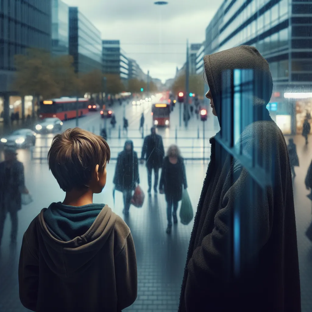 A homeless woman named Lorraine stands beside a young boy named Tommy, who is now inhabiting her body. They look out into the city streets, their reflections blurred in the glass window.