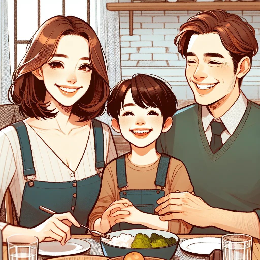 This image will feature a young woman with dark brown, shoulder-length hair and a kind smile, surrounded by her loving husband and young son. They are sitting together at the dinner table, sharing laughter and stories. The image will capture the warmth and happiness that radiates from this family.