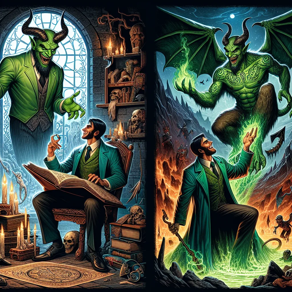 An illustration of a fantastical scene featuring a green demon, Alastor, dapper and monstrous, interacting with a human who has summoned him through a spellbook. The image captures Alastor's menacing charm as he is manipulated by the human's magical control, initially showcasing playful and humorous scenarios before taking a dark turn as Alastor turns the tables on the human. The subsequent transformation of the human into a green counterpart of Alastor, symbolizing a chance for redemption and c