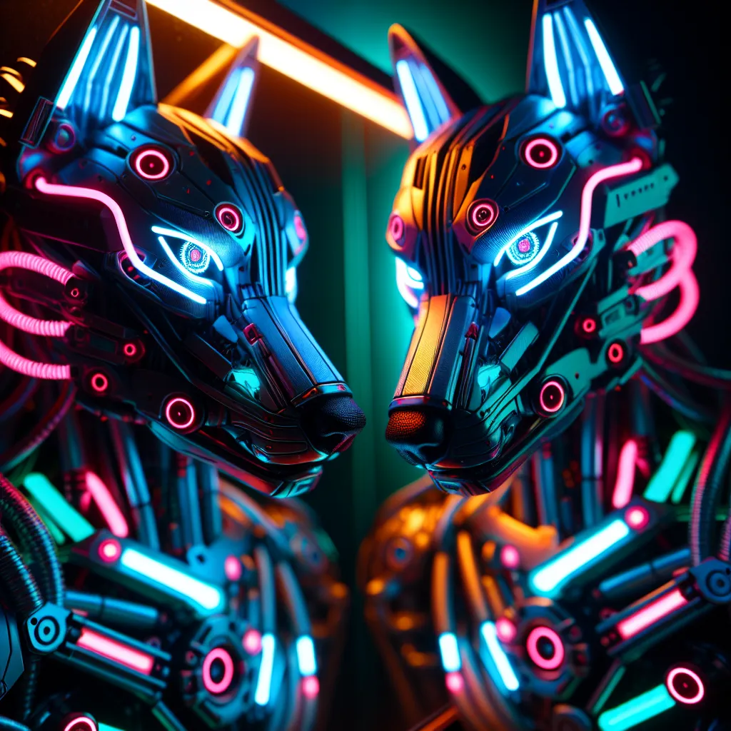 A bio-mechanical wolf with neon highlights and LED eyes gazes defiantly in the mirror, embodying the rebellious spirit of Aiden in "The Glamrock Escapade: A Tale of Animatronic Rebellion."