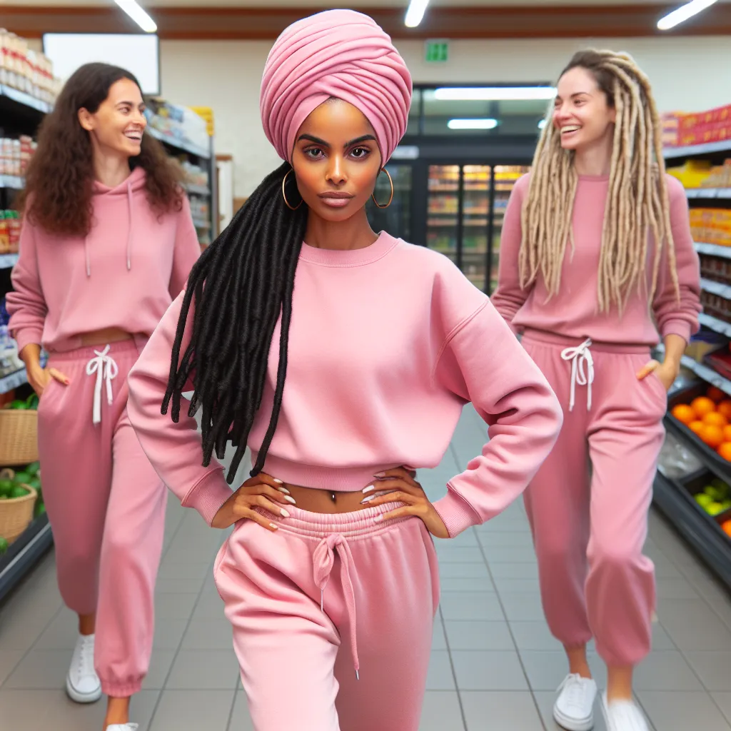 An image of a confident African American woman with black hair in a turban, wearing a pink sweatshirt and matching sweatpants, is seen strutting away from two white women with dreadlocks in a grocery store.