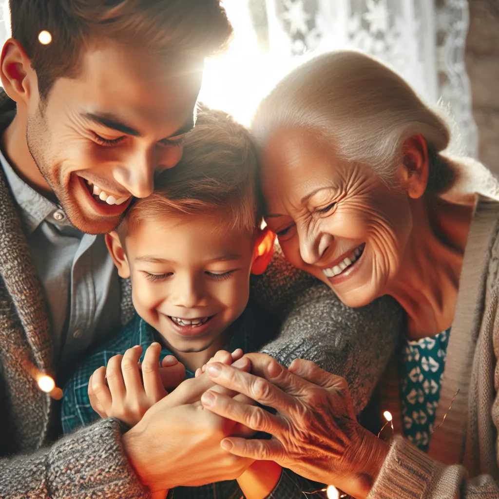 A heartwarming image of a loving family; Noah, a young boy, his mother Susan, and his grandmother Mary. They are captured in a moment of joy and connection, celebrating life and creating precious memories together.