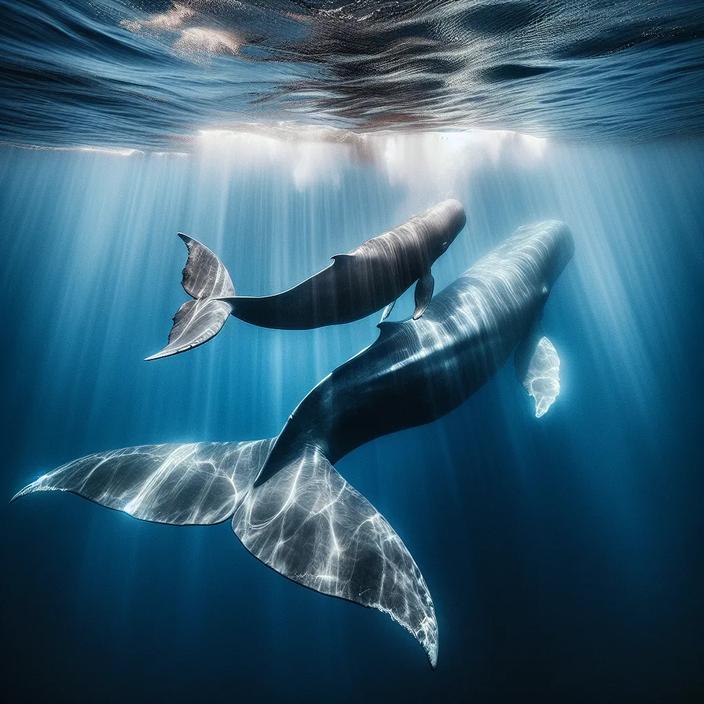 A breathtaking image of a majestic sperm whale and her calf gracefully swimming beneath the ocean's surface. Their powerful tails propel them forward as the sunlight filters through the water, creating a mesmerizing play of light and shadows. The bond between mother and calf is evident as they move in perfect harmony, a testament to the beauty and resilience of life in the face of adversity.