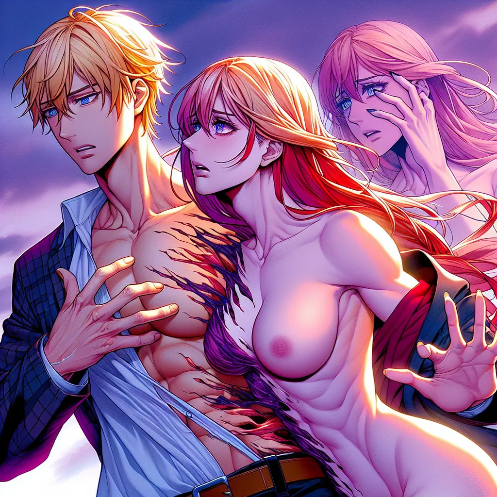 A vibrant illustration depicts the transformation of Naruto into Nami, showing the physical changes as well as the mental struggle and acceptance. Naruto's features, including his blonde hair and broad shoulders, slowly transform into Nami's feminine appearance with red hair, delicate hands, and a slender figure. The image depicts Nami's distress and fear as she tries to hold on to her former self, her hand reaching out in desperation. The surroundings reflect the altered reality, with a violet 