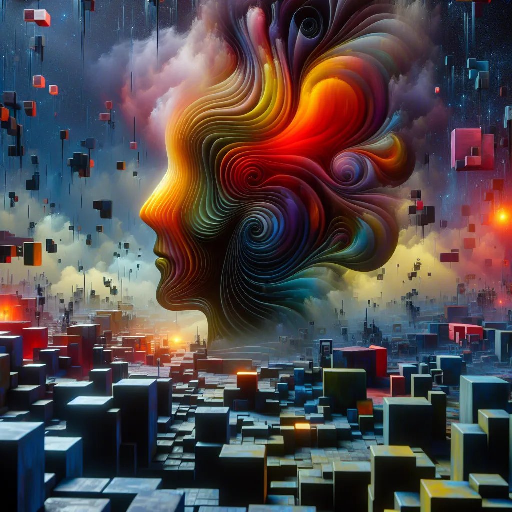 Description for the accompanying image: A mysterious and surreal scene featuring abstract shapes in vibrant colors, evoking a sense of intrigue and imagination.