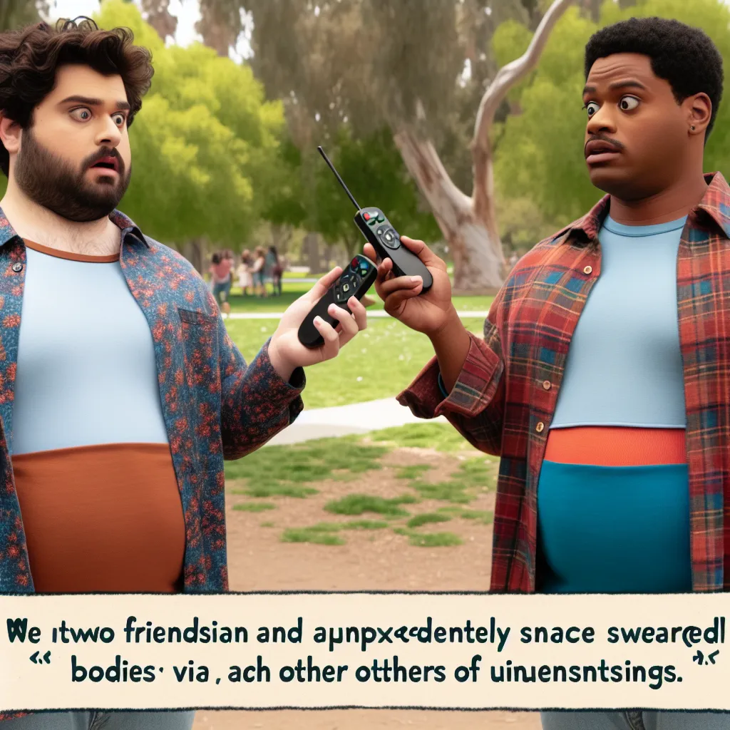 A humorous scene at the park as two friends accidentally swap bodies with the help of a reality remote. The story follows their hilarious misadventures as they navigate life in each other's shoes, complete with wardrobe fiascos and misunderstandings aplenty.